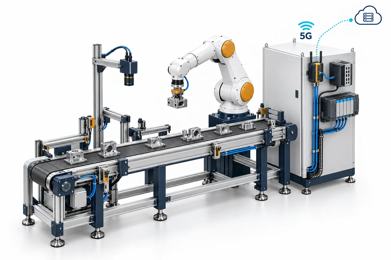 3D concept of a robotic automation cell with a conveyor, vision camera, control cabinet, edge gateway and industrial 5G uplink to a cloud data service.
