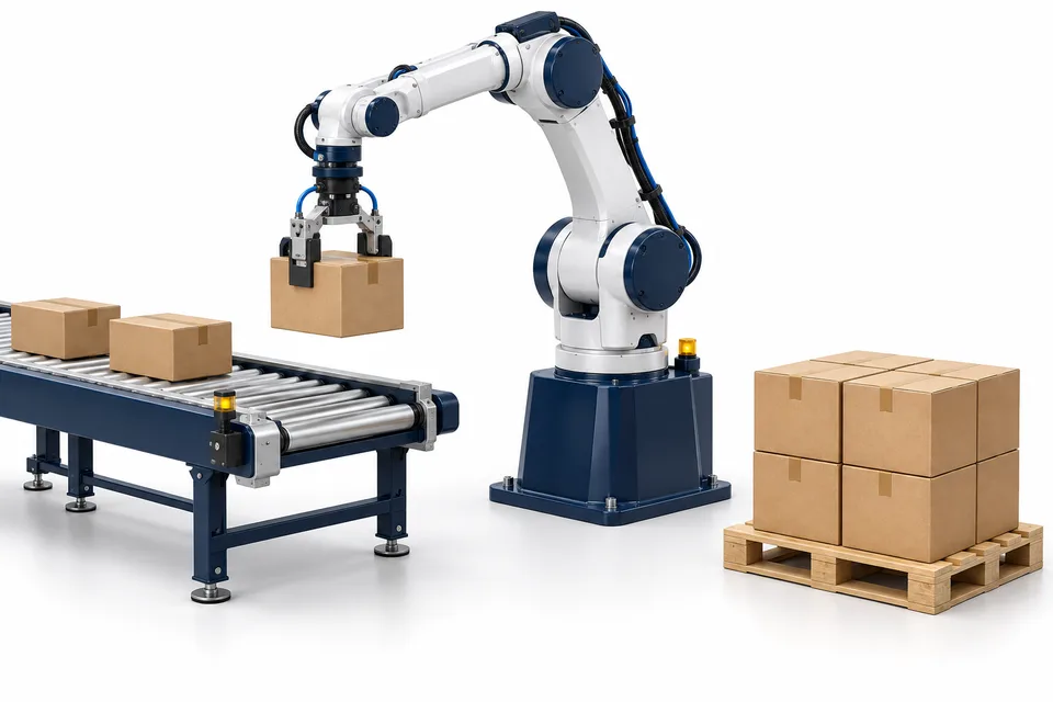 Robot transferring cartons from conveyor to pallet